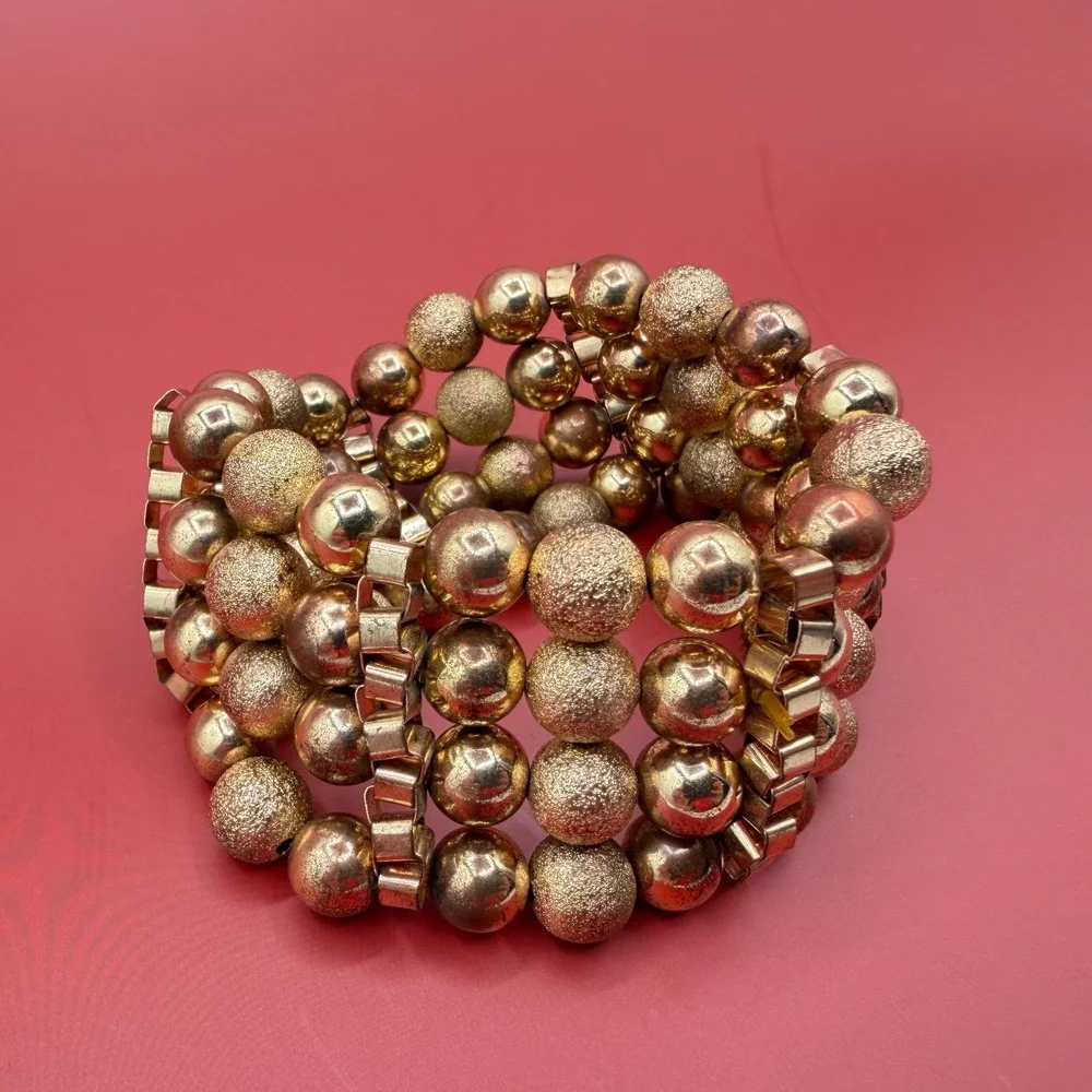 Gold Tone Multi Strand Beaded Cuff Bracelet Textured Ball Statement Vintage
